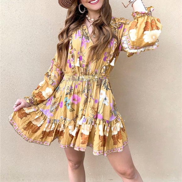 Bohemian Pink Floral Print Ruffle Sleeve Mini Dress - Picture 8 of 12